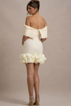 Alegre | Ecru Jacquard Bardot Mini Dress With Ruffle Hem