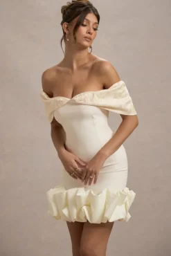 Alegre | Ecru Jacquard Bardot Mini Dress With Ruffle Hem