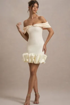 Alegre | Ecru Jacquard Bardot Mini Dress With Ruffle Hem