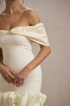 Alegre | Ecru Jacquard Bardot Mini Dress With Ruffle Hem