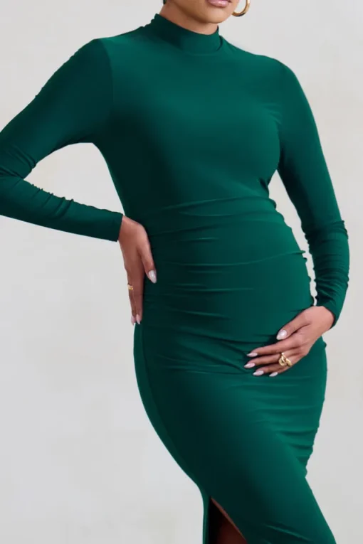 Alejandra | Green Maternity Long Sleeve High Neck Maxi Dress