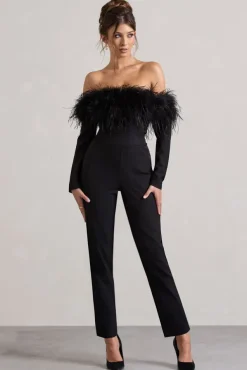 Ales | Black Bardot Tailored Straight-Leg Jumpsuit With Feather Trim