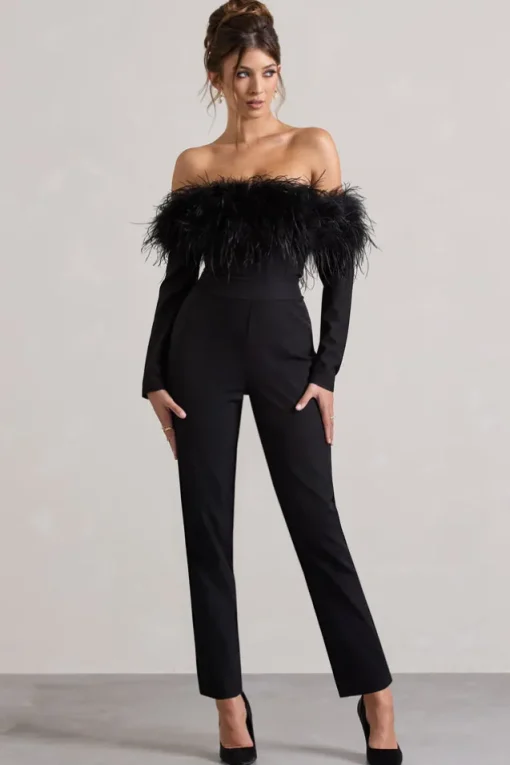 Ales | Black Bardot Tailored Straight-Leg Jumpsuit With Feather Trim
