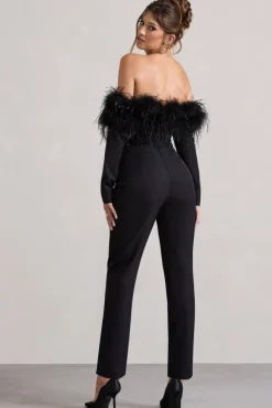Ales | Black Bardot Tailored Straight-Leg Jumpsuit With Feather Trim