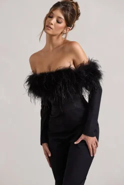 Ales | Black Bardot Tailored Straight-Leg Jumpsuit With Feather Trim