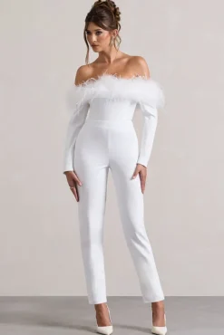 Ales | Black Bardot Tailored Straight-Leg Jumpsuit With Feather Trim