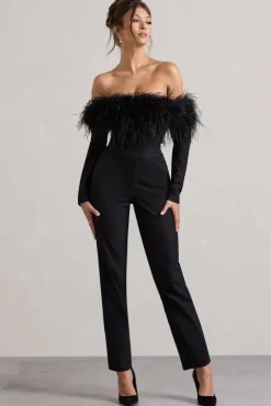 Ales | Black Bardot Tailored Straight-Leg Jumpsuit With Feather Trim