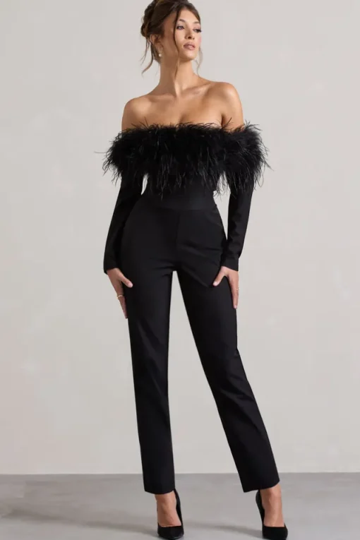 Ales | Black Bardot Tailored Straight-Leg Jumpsuit With Feather Trim