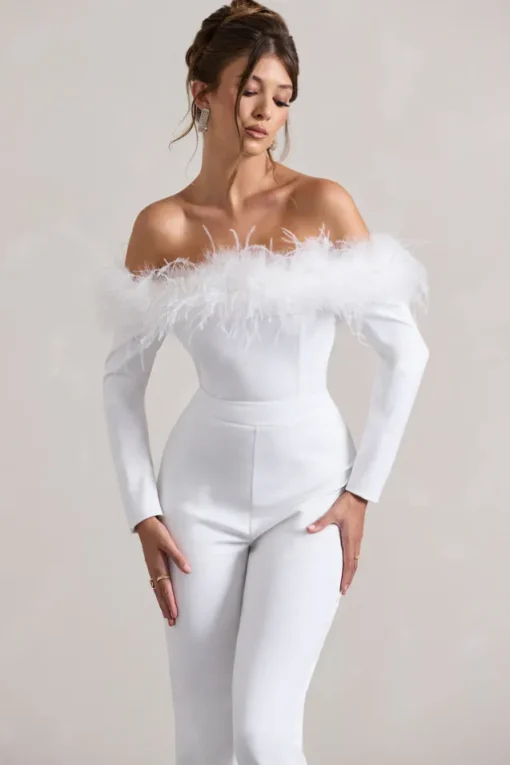 Ales | Black Bardot Tailored Straight-Leg Jumpsuit With Feather Trim