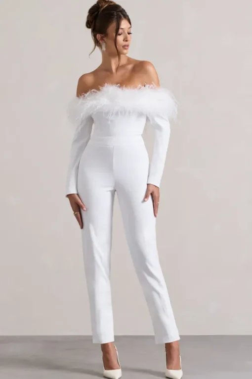 Ales | Black Bardot Tailored Straight-Leg Jumpsuit With Feather Trim