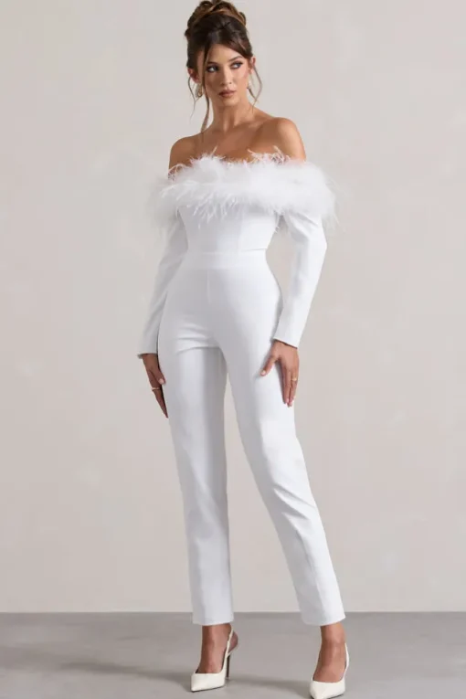 Ales | Black Bardot Tailored Straight-Leg Jumpsuit With Feather Trim