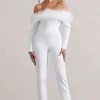 Ales | White Bardot Tailored Straight-Leg Jumpsuit With Feather Trim