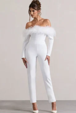Ales | White Bardot Tailored Straight-Leg Jumpsuit With Feather Trim