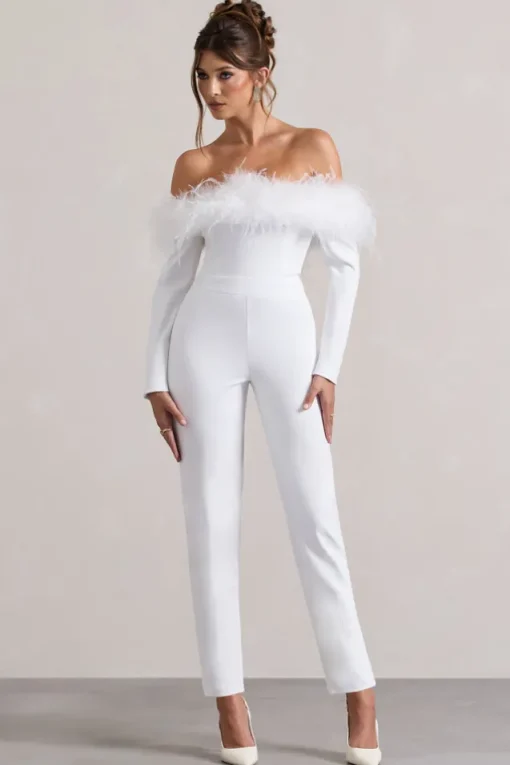 Ales | White Bardot Tailored Straight-Leg Jumpsuit With Feather Trim