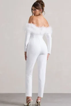 Ales | White Bardot Tailored Straight-Leg Jumpsuit With Feather Trim