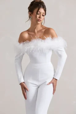 Ales | White Bardot Tailored Straight-Leg Jumpsuit With Feather Trim