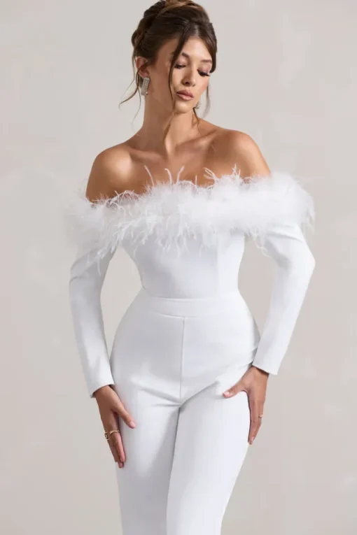 Ales | White Bardot Tailored Straight-Leg Jumpsuit With Feather Trim