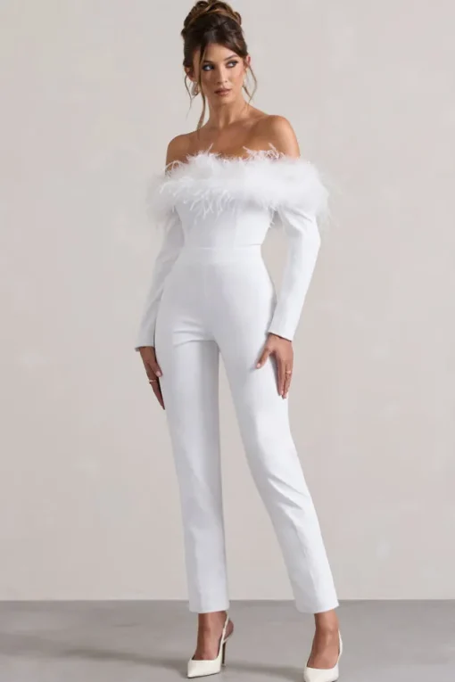 Ales | White Bardot Tailored Straight-Leg Jumpsuit With Feather Trim