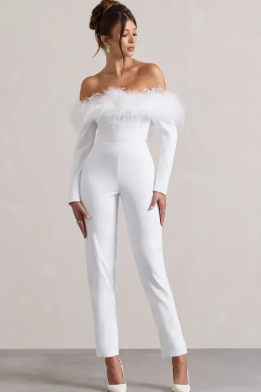 Ales | White Bardot Tailored Straight-Leg Jumpsuit With Feather Trim