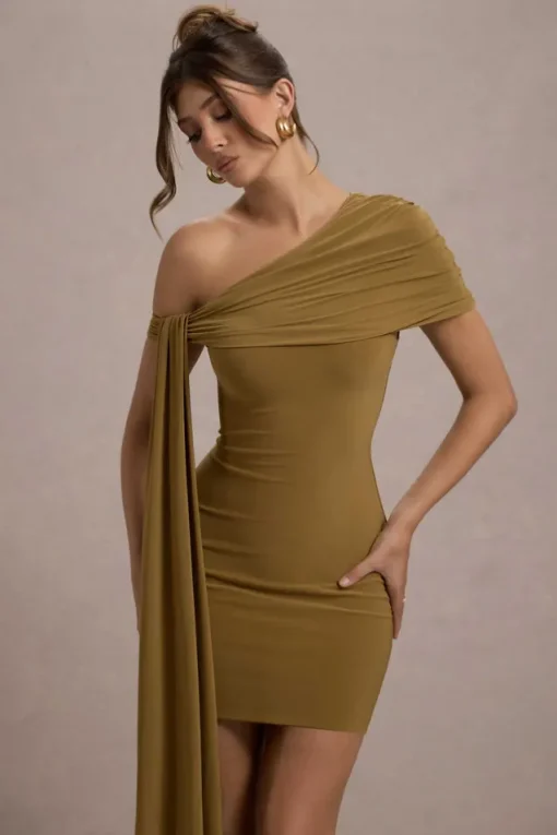 Alessio | Mustard One-Shoulder Mini Dress With Drape