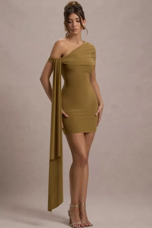 Alessio | Mustard One-Shoulder Mini Dress With Drape
