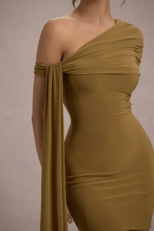 Alessio | Mustard One-Shoulder Mini Dress With Drape