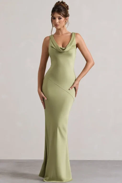 Alesso | Light Olive Satin Cowl-Neck Maxi Dress