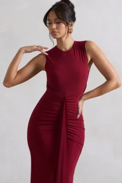 Alexa | Berry High-Neck Gathered Maxi Dress With Drape