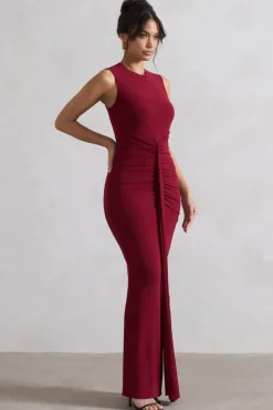 Alexa | Berry High-Neck Gathered Maxi Dress With Drape