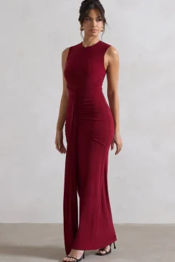 Alexa | Berry High-Neck Gathered Maxi Dress With Drape