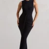 Alexa | Black High-Neck Gathered Maxi Dress With Drape