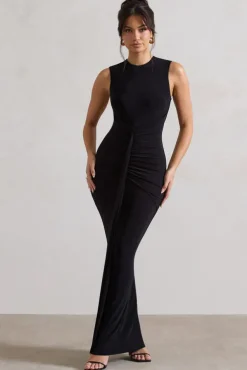 Alexa | Black High-Neck Gathered Maxi Dress With Drape