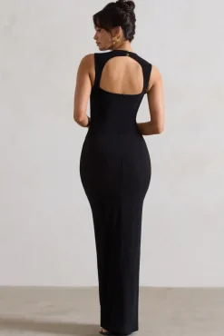 Alexa | Black High-Neck Gathered Maxi Dress With Drape