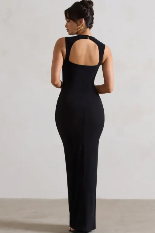 Alexa | Black High-Neck Gathered Maxi Dress With Drape