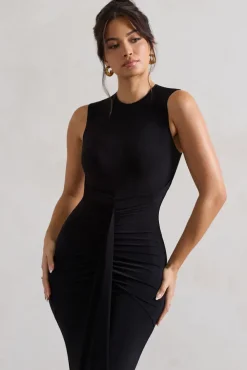 Alexa | Black High-Neck Gathered Maxi Dress With Drape