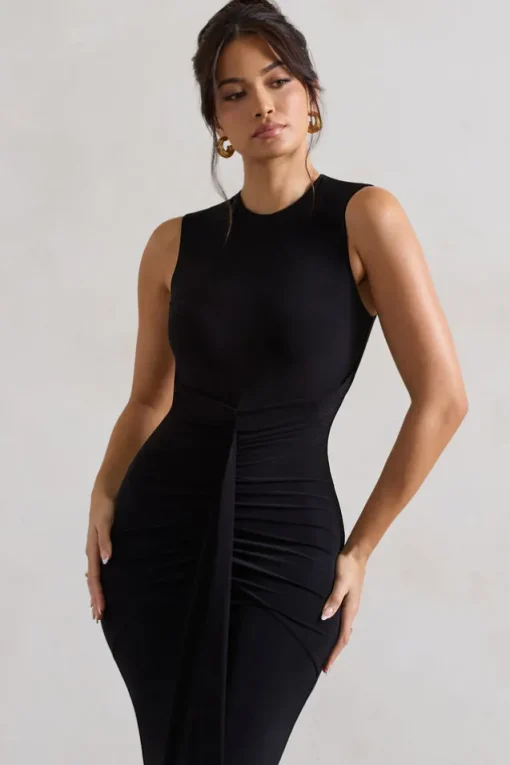 Alexa | Black High-Neck Gathered Maxi Dress With Drape