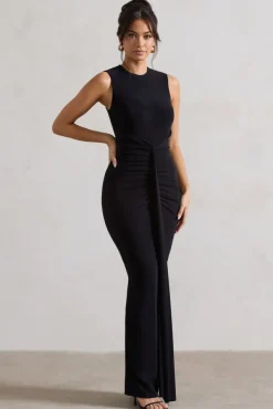 Alexa | Black High-Neck Gathered Maxi Dress With Drape