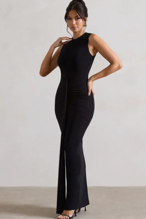 Alexa | Black High-Neck Gathered Maxi Dress With Drape