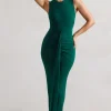 Alexa | Bottle Green High-Neck Gathered Maxi Dress With Drape