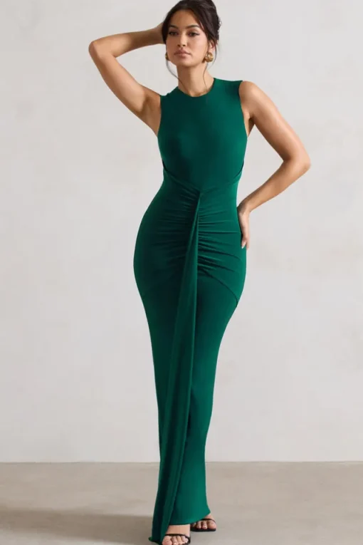 Alexa | Bottle Green High-Neck Gathered Maxi Dress With Drape