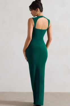 Alexa | Bottle Green High-Neck Gathered Maxi Dress With Drape