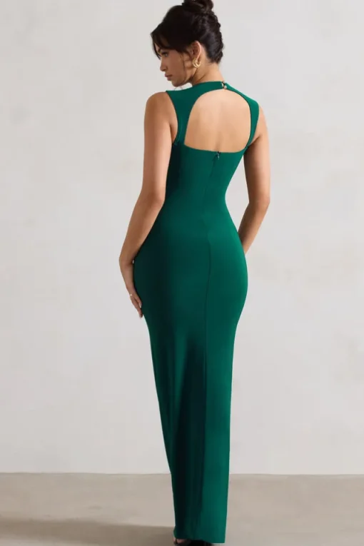 Alexa | Bottle Green High-Neck Gathered Maxi Dress With Drape
