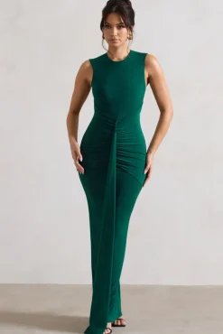 Alexa | Bottle Green High-Neck Gathered Maxi Dress With Drape