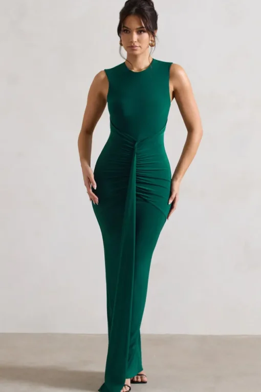 Alexa | Bottle Green High-Neck Gathered Maxi Dress With Drape