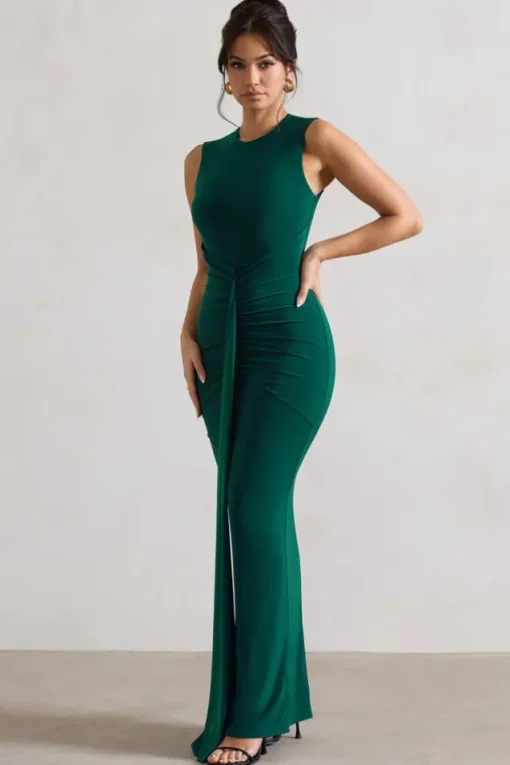 Alexa | Bottle Green High-Neck Gathered Maxi Dress With Drape