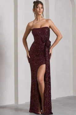 Alexandria | Burgundy Sequin Corset Maxi Dress With Flowers