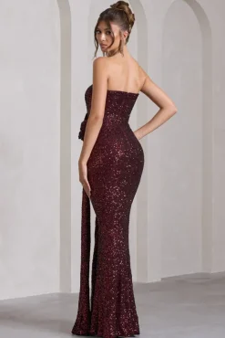 Alexandria | Burgundy Sequin Corset Maxi Dress With Flowers