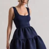 Alia | Navy Scoop-Neck Tiered Volume Hem Mini Dress