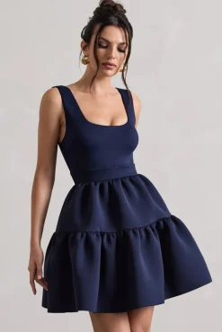 Alia | Navy Scoop-Neck Tiered Volume Hem Mini Dress