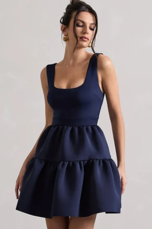 Alia | Navy Scoop-Neck Tiered Volume Hem Mini Dress